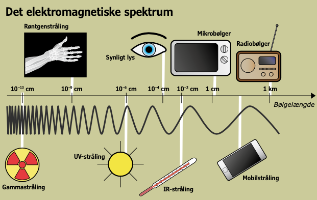 
                                Det elektromagnetiske spektrum
                                Røntgenstråling
                                Synligt lys 
                                Mikrobølger 
                                Radiobølger 
                                Bølgelængde 
                                Gammastråling 
                                UV-stråling 
                                IR-stråling 
                                Mobilstråling 
                                